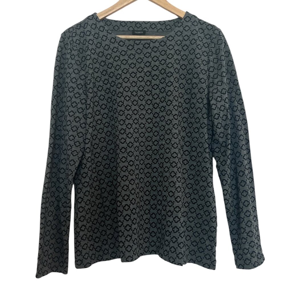 Talbots Tee Women's Large Long Sleeve T-Shirt Gray T-Shirt Black Flocked Pattern